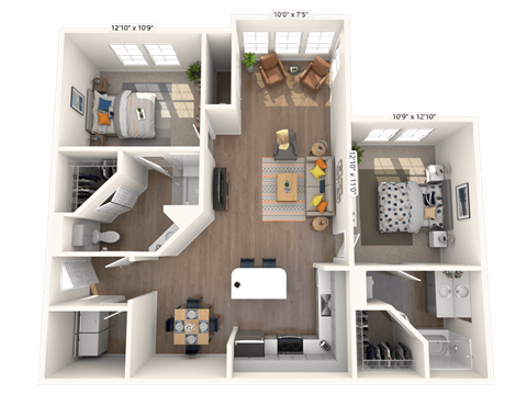 Floor plan for 2 beds, 2 baths, 1075 sqft
